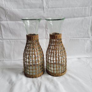Rattan Covered Glass Vases, set of 2